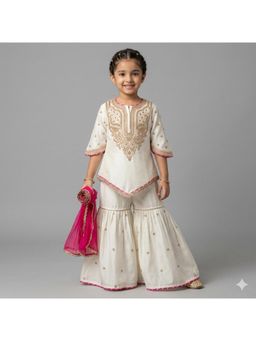 Tiny Pants - Girls Off White Embroidered Kurti with Sharara and Pink Dupatta