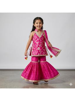Tiny Pants - Girls Pink Floral Embroidered Kurti with Sharara and Dupatta