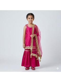 Tiny Pants - Girls Magenta Solid Lace Work Kurta with Sharara and Dupatta