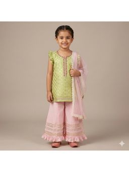 Tiny Pants - Girls Green Kurta with Sharara and Pink Dupatta