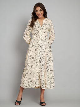 AMAGYAA - Cream Polka Dot Print Fit and Flare Midi Dress
