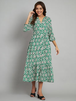 AMAGYAA - Green Geometric Print Cotton Fit and Flare Midi Dress
