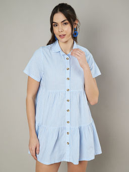 AMAGYAA - Blue and White Striped Cotton Shirt Dress
