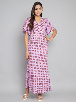 AMAGYAA - Lavender Printed Cut Out Tie Up Back Cotton Maxi Dress
