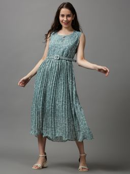 SHOWOFF - Women's Round Neck Embellished Sea Green Midi Dress (Set of 2)