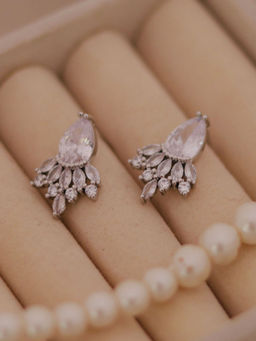 Putstyle - Silver Teardrop Fan White Crystal Stud Earrings