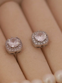 Putstyle - Elegant Silver Halo Cushion-Cut Crystal Stud Earrings- White