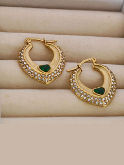 Putstyle - Vintage Gold Plated Hoop Earrings With Green Emerald Heart