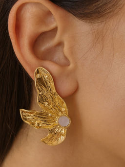 Putstyle - Abstract Gold Butterfly & White Opal Wing Stud Earrings