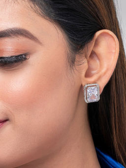 Putstyle - White Rectangle American Diamond Stud Earring
