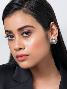 Putstyle - Pearl Circle American Diamond Stud Earring- White