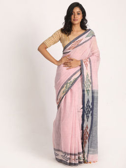 Angoshobha - Kotki Border Pink Cotton Blended Handloom Saree with Unstitched Blouse