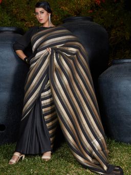 Odette - Trendy Black Stripes Silk Saree with Unstitched Blouse