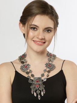 Moedbuille - Pink & Orange Crystals Tassel Design Oxidised Silver Plated Handcrafted Antique Necklace