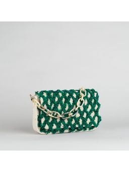 ETCETERA - Women Handbag In Jute Fabric And Green Fringes Crisscross Detail