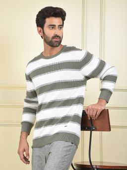 CRIMSOUNE CLUB - Men's Olive Horizontal Stripes Cotton Sweater