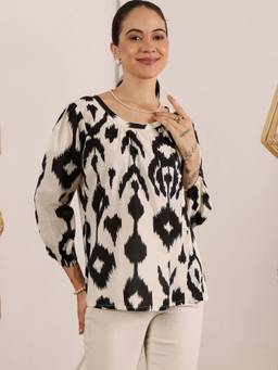 Lative Colours Of Fashion - Women White Lative Bold Monochrome Ikat Print Top