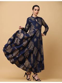 Aayusika - Women Navy Blue Printed Keyhole Neck Fit and Flare Maxi Dress