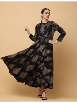 Aayusika - Women Black Printed Keyhole Neck Fit and Flare Maxi Dress