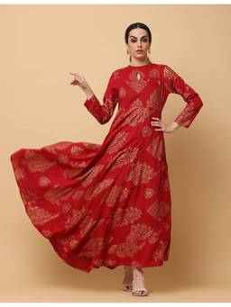 Aayusika - Women Red Printed Keyhole Neck Fit and Flare Maxi Dress