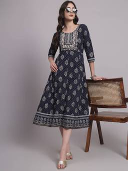 Aayusika - Blue Women Floral Round Neck Fit and Flared Midi Dress
