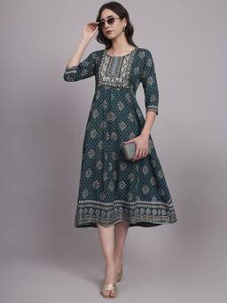 Aayusika - Green Women Floral Round Neck Fit and Flared Midi Dress