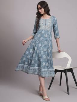 Aayusika - Turquoise Women Floral Round Neck Fit and Flared Midi Dress