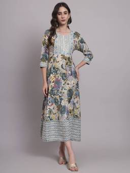 Aayusika - Multi-Color Women Floral Round Neck Fit and Flared Midi Dress