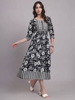 Aayusika - Black Women Floral Round Neck Fit and Flared Midi Dress