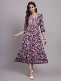 Aayusika - Purple Women Floral Round Neck Fit and Flared Midi Dress