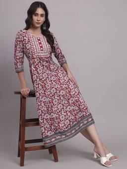 Aayusika - Maroon Women Floral Round Neck Fit and Flared Midi Dress