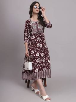 Aayusika - Brown Women Floral Round Neck Fit and Flared Midi Dress