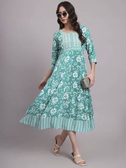 Aayusika - Turquoise Womens Floral Round Neck Fit and Flared Midi Dress