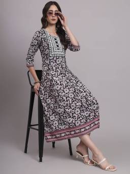 Aayusika - Black Womens Floral Round Neck Fit and Flared Midi Dress
