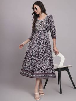 Aayusika - Black Women's Floral Round Neck Fit and Flared Midi Dress
