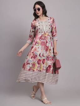 Aayusika - Multi-Color Womens Floral Round Neck Fit and Flared Midi Dress