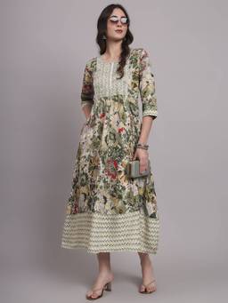 Aayusika - Green Womens Floral Round Neck Fit and Flared Midi Dress