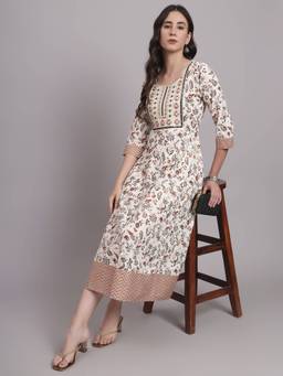 Aayusika - White Women Floral Round Neck Fit and Flared Midi Dress