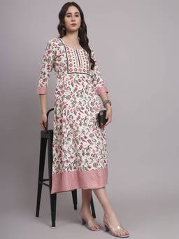 Aayusika - White Womens Floral Round Neck Fit and Flared Midi Dress