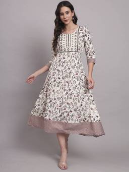 Aayusika - White Women's Floral Round Neck Fit and Flared Midi Dress