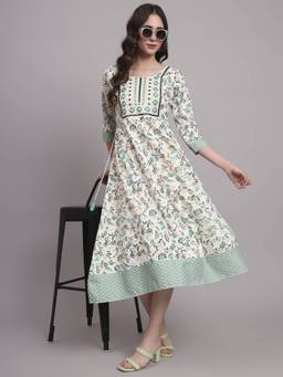 Aayusika - Women White Floral Round Neck Fit and Flared Midi Dress