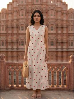 Vastara TheLabel - Beige Stripes and Hearts Organic Cotton Dress