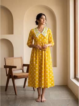 Vastara TheLabel - Yellow Embroidered Collar with Polka Dots Flare Midi Dress