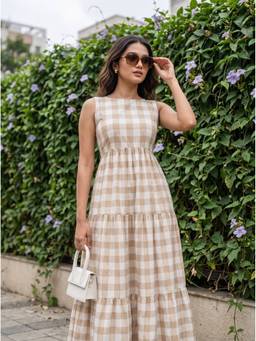 Vastara TheLabel - Beige Women's Checkered Print Dress