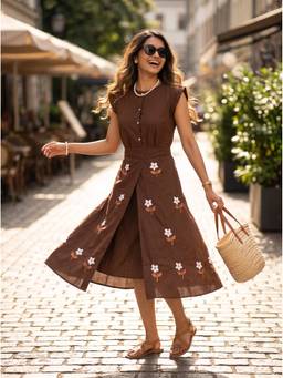Vastara TheLabel - Brown Floral Embroidery Pure Flex Handloom Cotton Dress