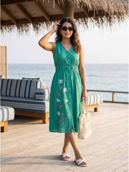Vastara TheLabel - Green Floral Embroidery Pure Flex Handloom Cotton Dress