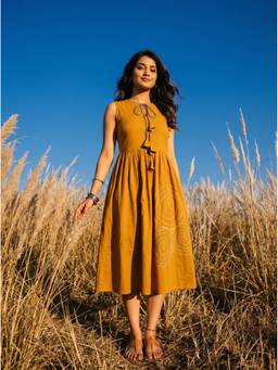 Vastara TheLabel - Mustard Spiral Embroidery Pure Flex Handloom Cotton Dress