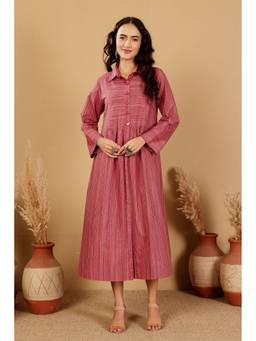 Kaanchie Nanggia - Maroon Stripes Shirt-Collar A-Line Dress