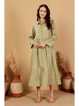 Kaanchie Nanggia - Green Stripes Shirt-Collar A-Line Dress