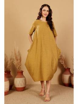 Kaanchie Nanggia - Mustard Embroidery Round Neck Oval Kaftan Dress
